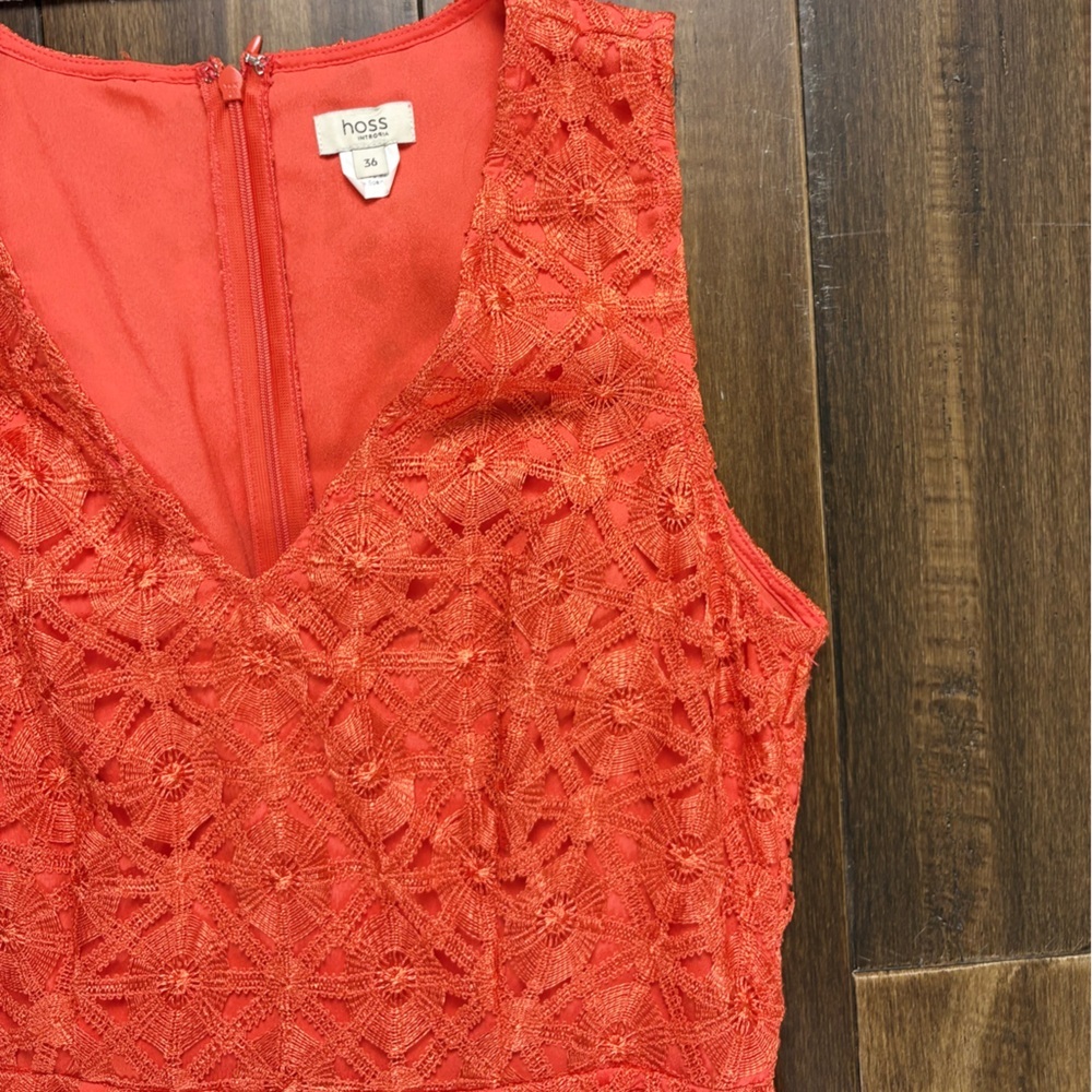 size S Orange Lace Dress Full Length Sleeveless Halter V Neck Fitted - Picture 5 of 13